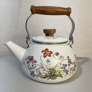 VTG Enamel White Stovetop Tea Pot Kettle Wood Handle Flowers Cottage Garden